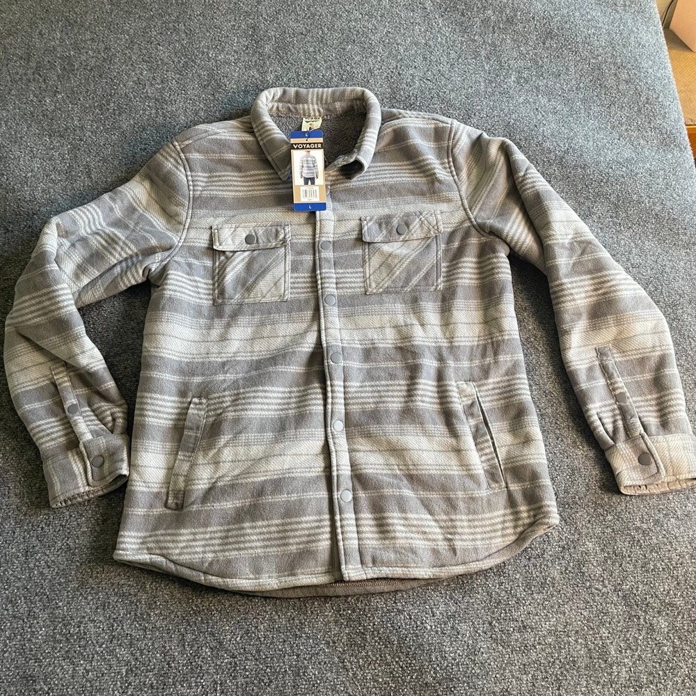 Voyager Mens Gray Striped Sherpa Lined Fleece Shirt Jacket Large NWT‎ 1710208
